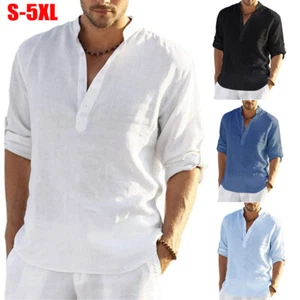 Mens Cotton Linen Long Sleeve Shirt Solid Loose Blouse Button Down Tops T Shirt - Picture 1 of 21