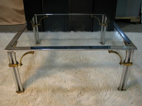 1980's Hollywood Regency Chrome, Glass & Brass Square Coffee Table Cover