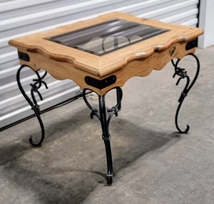 Rustic Primitive High-End Solid Wood & Wrought Iron End Table w/ Glass Top - Picture 1 of 7
