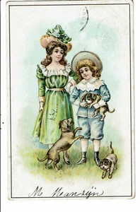 CPA Carte Postale-Pays Bas-Fantaisie une jeune fille un garçon et 3 chiens -1903 - Picture 1 of 2