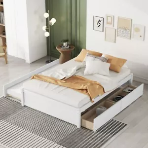 Full Size Wooden Platform Bed with Twin Trundle and 2 Storage Drawers for Teens - Picture 1 of 33