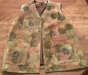 SIZE 42 Suede Leather Vest LINED (GERMANY?) PATCHWORK EMBROIDERED-TAN & GREEN - Picture 1 of 12