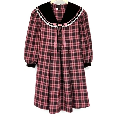 Vintage Bonnie Jean Girls Size 6X Plaid Velvet Collar Dress Pink Brown Pleated - Image 1 of 4