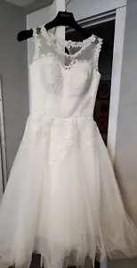 OFF WHITE W/LACE TEA LENGTH SLEEVELESS WEDDING DRESS THAT LACES UP THE BACK~ 14 - Picture 1 of 11