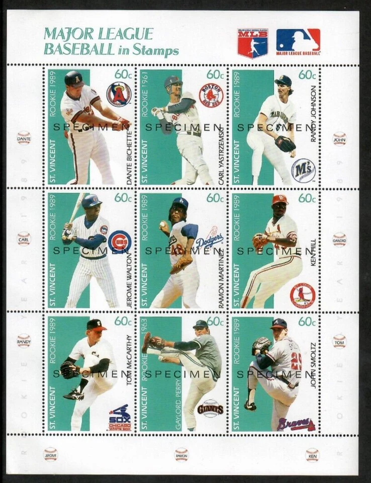 St. Vincent 1989 MLB Béisbol - Randy Johnson - Hoja de 9 estampillas ESPECIMEN - MNH Foto 1 de 1