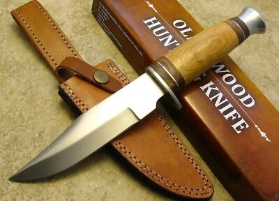 Olive Wood Handle Fixed Blade Hunting Knife Clip Point Custom Leather Sheath - Image 1 of 4