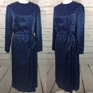 Vtg POSH By Jay Anderson Blue Confetti Silky Polyester Dress Long Sleeves Small - Picture 1 of 12