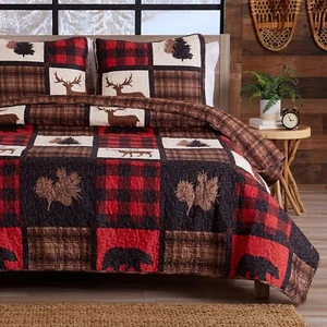 Red Black Brown Bear Deer Plaid Lodge 3pc Quilt Set Twin Full Queen King Bedding - Picture 1 of 8