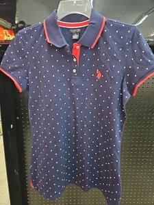 USPolo Assoc. Womens Medium Polo Blue Print With Red Accent On Collar Sleeves - Picture 1 of 5