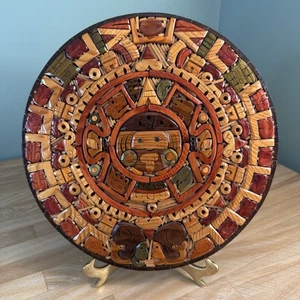 VTG Aztec Mayan Solid Wood Wall Hanging Sun Calendar Inlay Hand Carved Art 12” - Picture 1 of 13