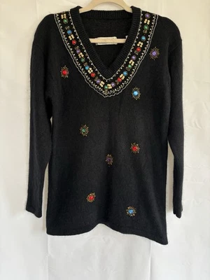Karen Scott Black Silk Angora Rabbit Hair Christmas Sequin Beaded Size M Sweater - Image 1 of 4