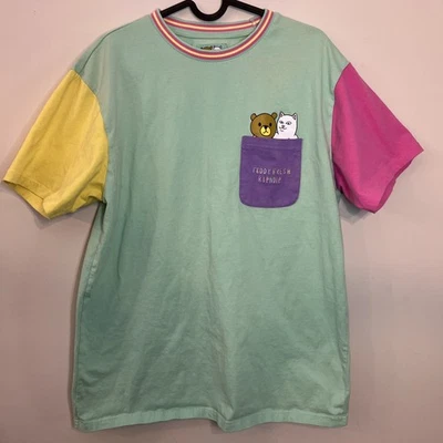 Ripndip X Teddy Fresh Color Block Cat Bear Flip Off Tee Shirt Green Adult Sz L - Image 1 of 4