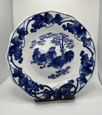 Chinoiserie Blue & White Serving Bowl 11” Rooster  Grapevines French Country - Image 1 of 4