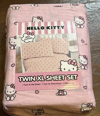 Pink Hello Kitty Sanrio Twin X-Long sheet set w/ Pink Bows & Hearts 100% cotton - Image 1 of 3