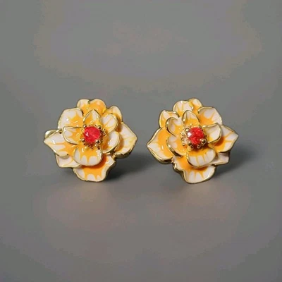 Natural Sapphire Enamel Painted 925 Silver Gold Plated Flower Post Earrings 0814 - Image 1 of 4