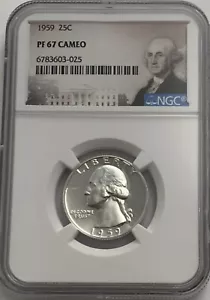 1959 NGC PF67 CAMEO 90% SILVER PROOF WASHINGTON QUARTER 25C PORTRAIT LABEL - Picture 1 of 3