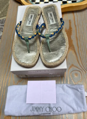 Jimmy Choo Mujer Sandalias Tanga Chanclas Planas Dorado-Azul-Amarillo con Caja Talla 39 Usadas en Excelente Condición Foto 1 de 4