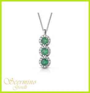 18K WHITE GOLD PENDANT: 0.46K NATURAL EMERALDS & DIAMONDS CERTIFIED - Picture 1 of 4