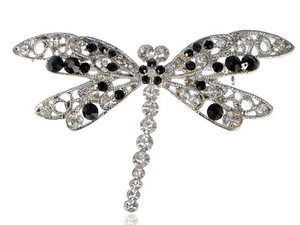 Mod schwarz weiß Kristall Rheine filigran Fliegenflügel Libelle Insekt Anstecknadel Brosche - Bild 1 von 5