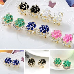 Multi Variation Crystal Rhinestone Rose Flower Stud Earrings Elegant Charm - Imagen 1 de 5