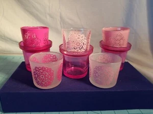 Set Of 5 Tealight Holders & 3 Small Candle Holders. All Glass in Shades of Pink. - Picture 1 of 12