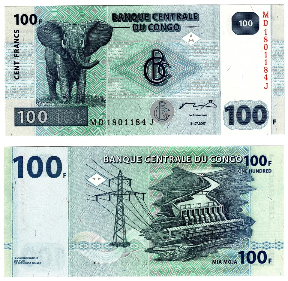 2007 Congo Democratic Republic Banknote 100 Francs P98a UNC Hôtel des Monnaies - Image 1 of 1