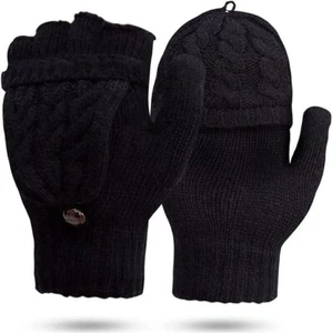 Womens Convertible fingerless Knitted Gloves Black Driving Cycling Cable Knit - Picture 1 of 6