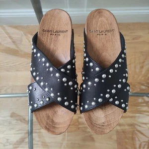 Saint Laurent Paris Studded Wood Platform Clog Slide Black women's 37 - Picture 1 of 11