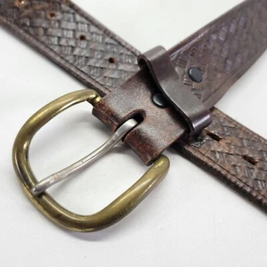 Cintura Basketweave in pelle 44 lavorata off duty fibbia rimovibile marrone invecchiata - Foto 1 di 13