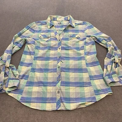 Camisa REI para mujer grande a cuadros de nailon elástica clásica manga larga botón lengüeta enrollable Foto 1 de 4