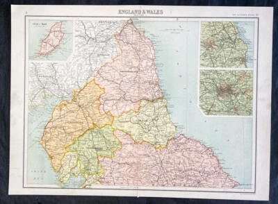 Mapa antiguo grande de John Bartholomew de 1890 norte de Inglaterra, Newcastle y Manchester Foto 1 de 2