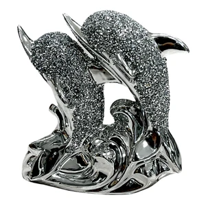 FIGUR SILBER ZERKLEINERTER DIAMANT FUNKELNDER DELFIN PAAR FISCH ORNAMENT ROMANY UK - Bild 1 von 1