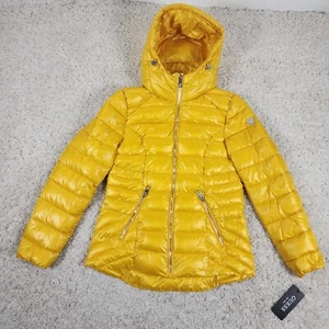 Guess Puffer Jacket Womens Medium Yellow Zip Hoodie Winter Logo Streetwear Coat - Picture 1 of 11