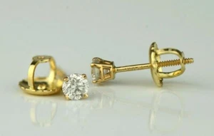 Auténticos aretes redondos de diamantes de oro amarillo macizo de 14k con tornillos - Imagen 1 de 7