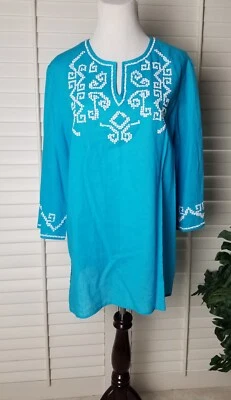 Nuevo con etiquetas Top túnica Chicos lino/algodón 2/L turquesa cuentas azul cerúleo manga 3/4 Foto 1 de 4