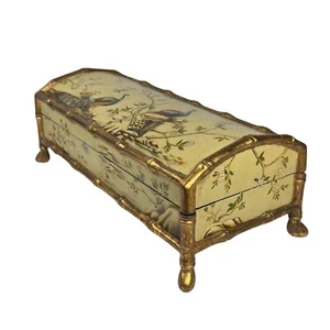 Vintage große Holz Deko Box Blumen Vogel bemalt asiatische Chinoiserie mit Fuß - Bild 1 von 13