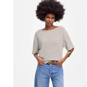 Madewell besticktes kastiges Strick-T-Shirt creme gestreift Größe M neu mit Etikett maritim Küste - Bild 1 von 12