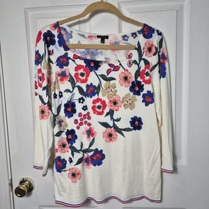 Talbots Large 3/4 Sleeve Lightweight Sweater Cream Blue Pink Floral Cotton Blend - Picture 1 of 5