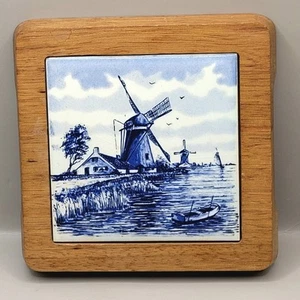 Authentic Hand-Painted Delft Blue Tile Trivet – Windmill Scene – Made in Holland - Picture 1 of 9