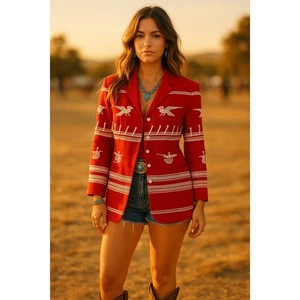 Rare Vintage Richard Tyler Woven Red Bird Statement Jacket Blazer Small 80s - Bild 1 von 12