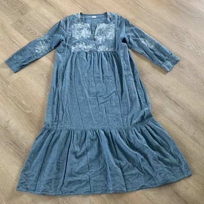 Vestido Poesía Denim Ligero Cambray Manga Larga Bordado Lino Algodón Talla 10 Foto 1 de 4