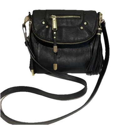Steve Madden Faux Pebbled Leather Crossbody Bag Purse Black Tassels Zipper Moto - Image 1 of 4