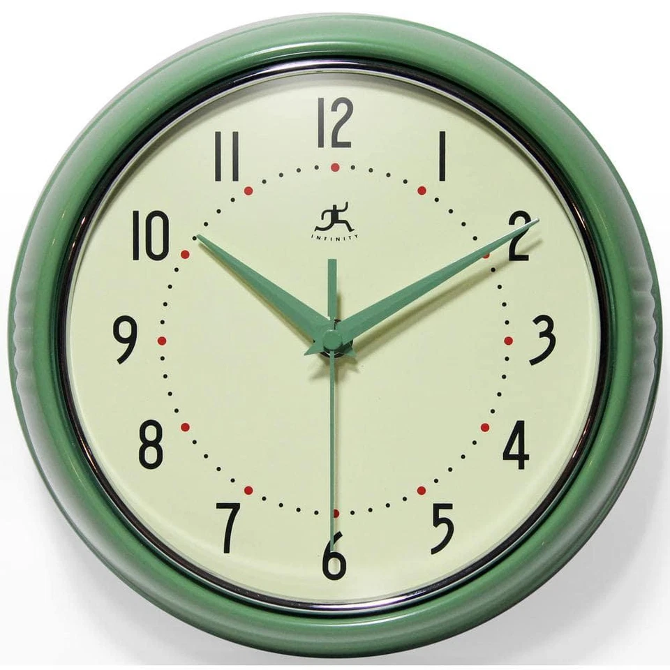 Infinity Instruments Wall Clock Retro 9.5" Round Green Glass Face Silent Quartz - Image 1 of 4