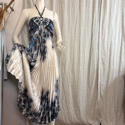 y2k Shoreline Dress Womens Large Peacock Feather Strapless Pleated Maxi Boho - Image 1 of 4