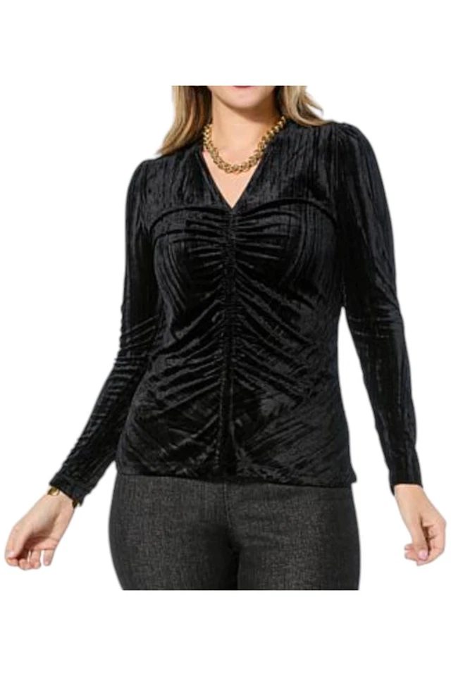 DG2 by Diane Gilman Women's Velvet Ruched Front Top Black - Image 1 of 1