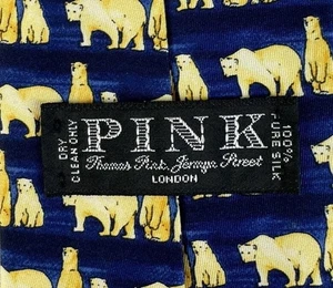 Pink Tie 100% Silk Polar Bear Necktie Navy Blue England - Picture 1 of 6