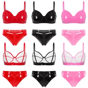 Womens Wet Look Patent Leather Bikini Sexy Zip Crotch Lingerie Set Swimwear - Picture 1 of 36
