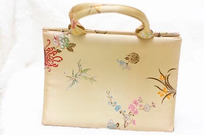 Vintage Oriental Floral Design Gold Silk Purse Party Cocktail Evening Bag - Image 1 of 4