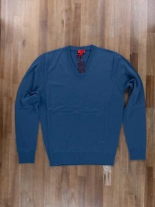 ISAIA Napoli einfarbiger blauer klassischer Wollpullover mit V-Ausschnitt Größe Medium authentisch neu mit Etikett - Bild 1 von 7