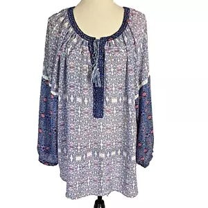 VINTAGE AMERICA BLUES 2X POLY CHIFFON BLOUSE TUNIC PEASANT EMBROIDERY CROCHET - Picture 1 of 9